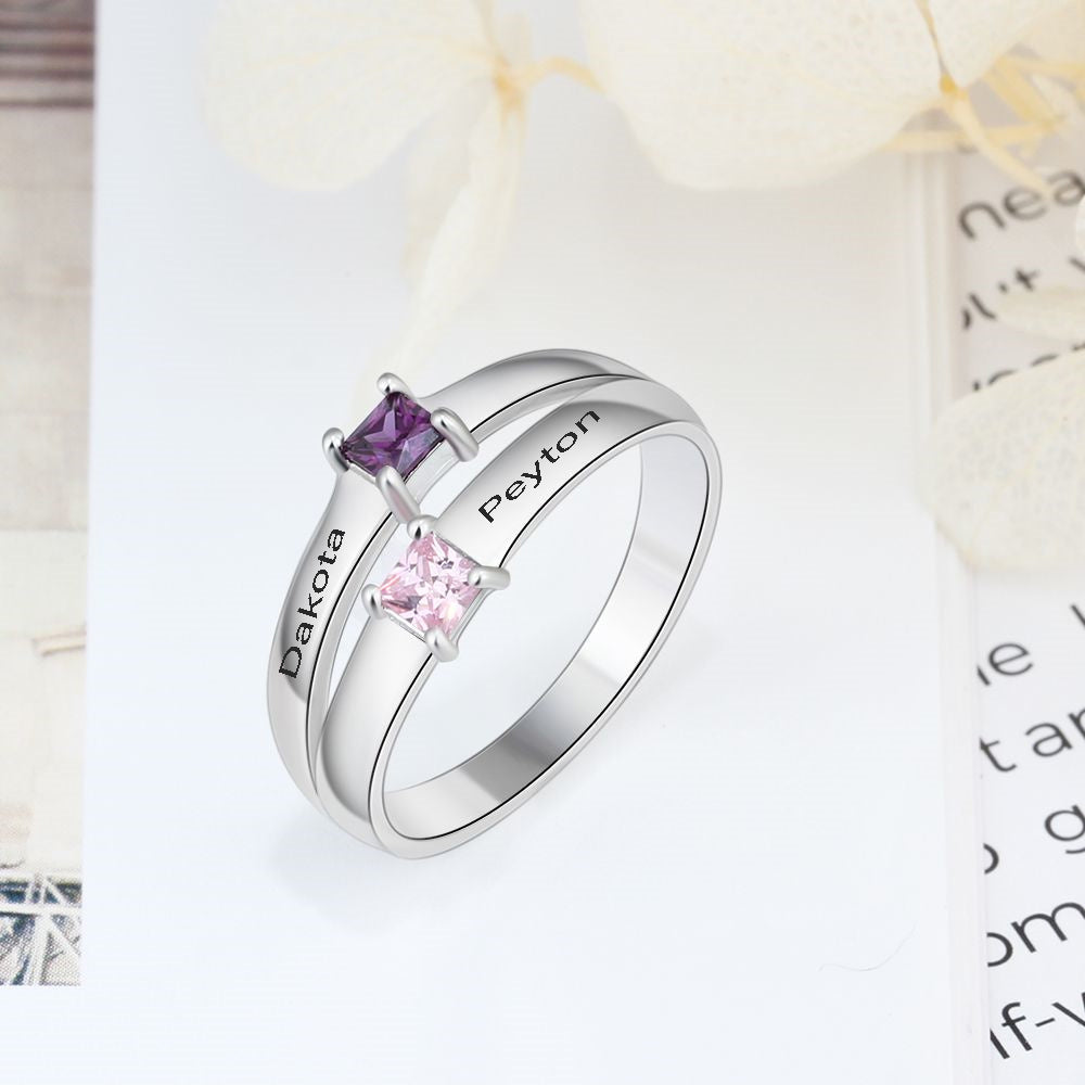 ThinkEngraved Peronalized Ring Personalized 2 Pillow Cut Birthstone Mother's Ring With 2 Engraved Names