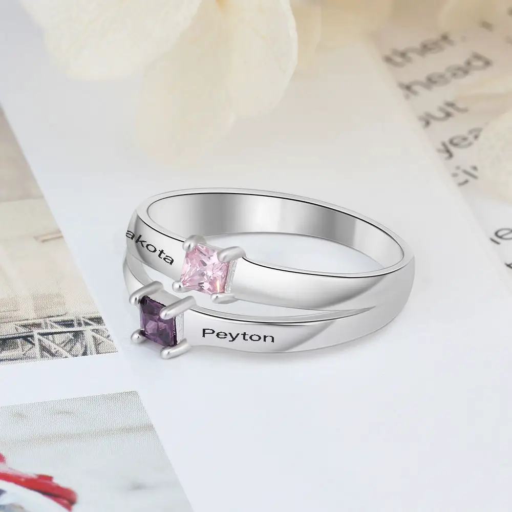 ThinkEngraved Peronalized Ring Personalized 2 Pillow Cut Birthstone Mother's Ring With 2 Engraved Names