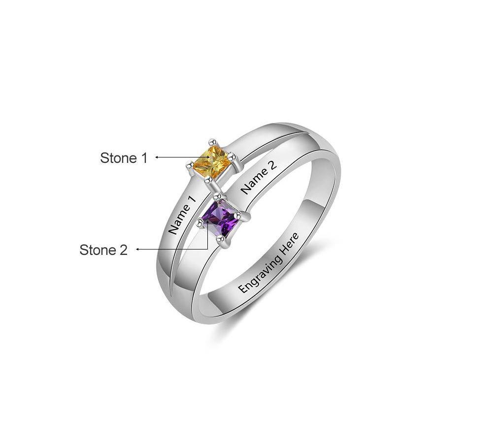 ThinkEngraved Peronalized Ring Personalized 2 Pillow Cut Birthstone Mother's Ring With 2 Engraved Names