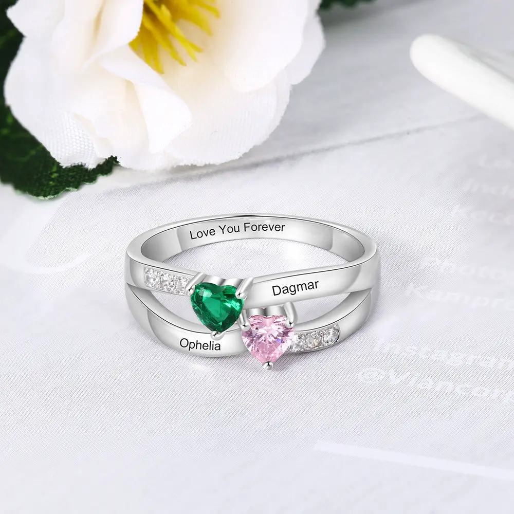 ThinkEngraved Peronalized Ring Personalized 2 Stone United Hearts Split Band Mother's Ring