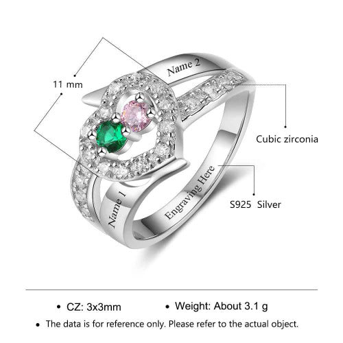 ThinkEngraved Peronalized Ring Personalized Mother's Ring 2 Birthstones 2 Names Paved Heart