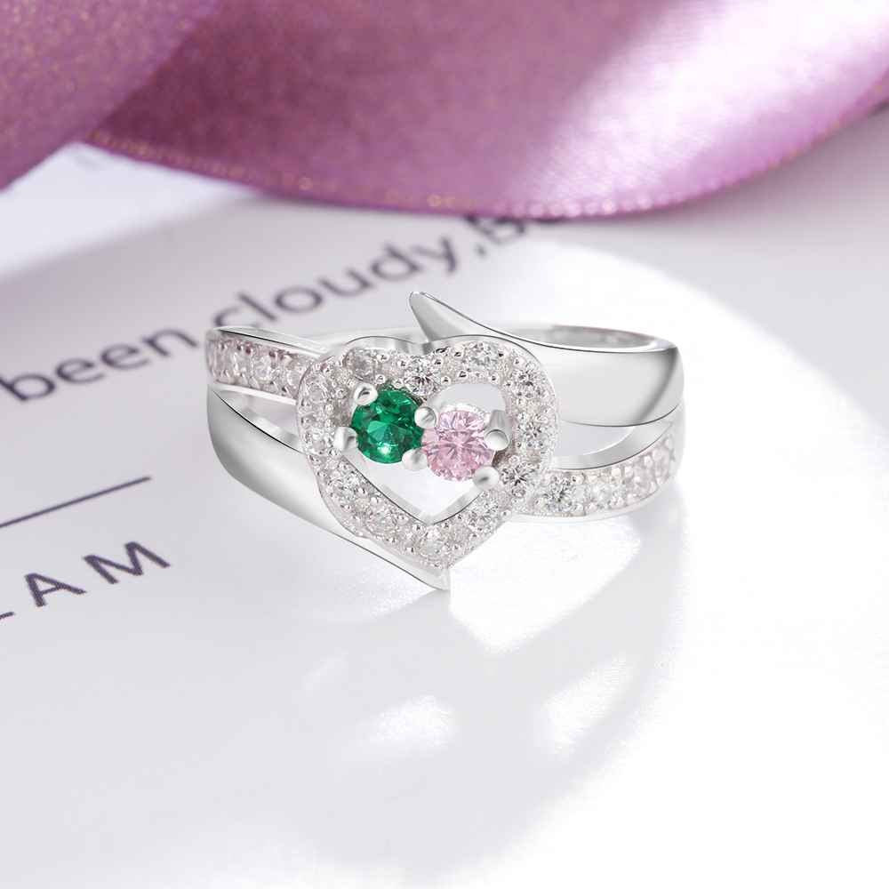 ThinkEngraved Peronalized Ring Personalized Mother's Ring 2 Birthstones 2 Names Paved Heart