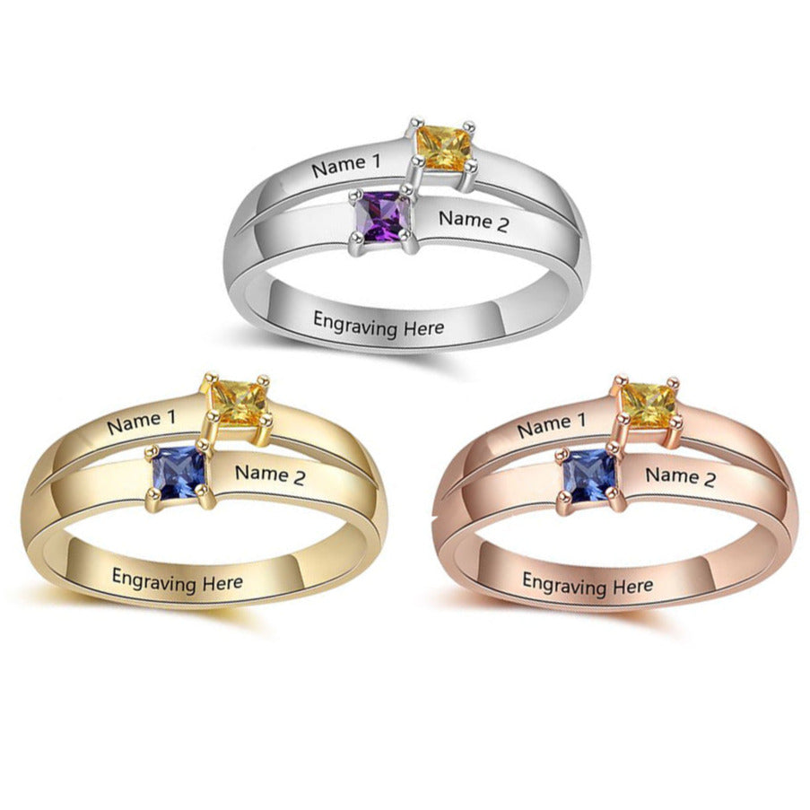 ThinkEngraved Peronalized Ring Personalized Mother's Ring 2 Birthstones Pillow Cut 2 Engraved Names