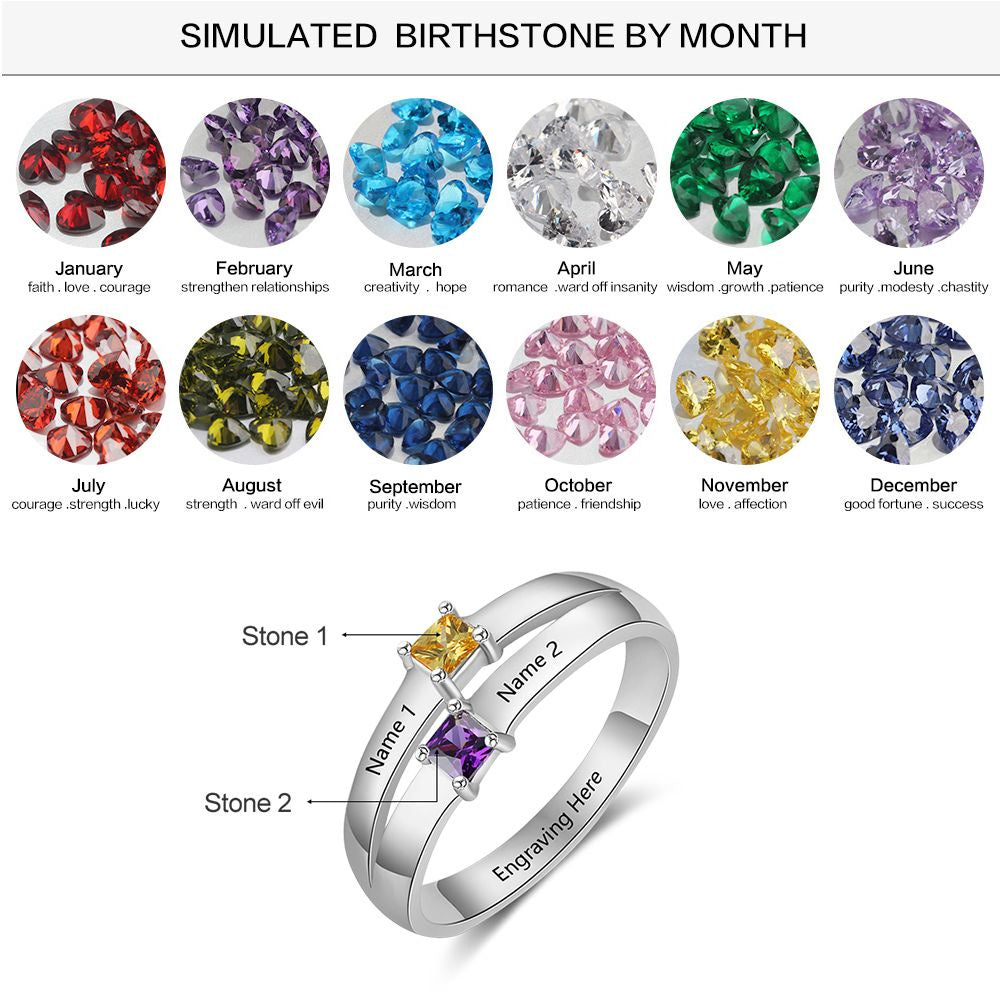 ThinkEngraved Peronalized Ring Personalized Mother's Ring 2 Birthstones Pillow Cut 2 Engraved Names