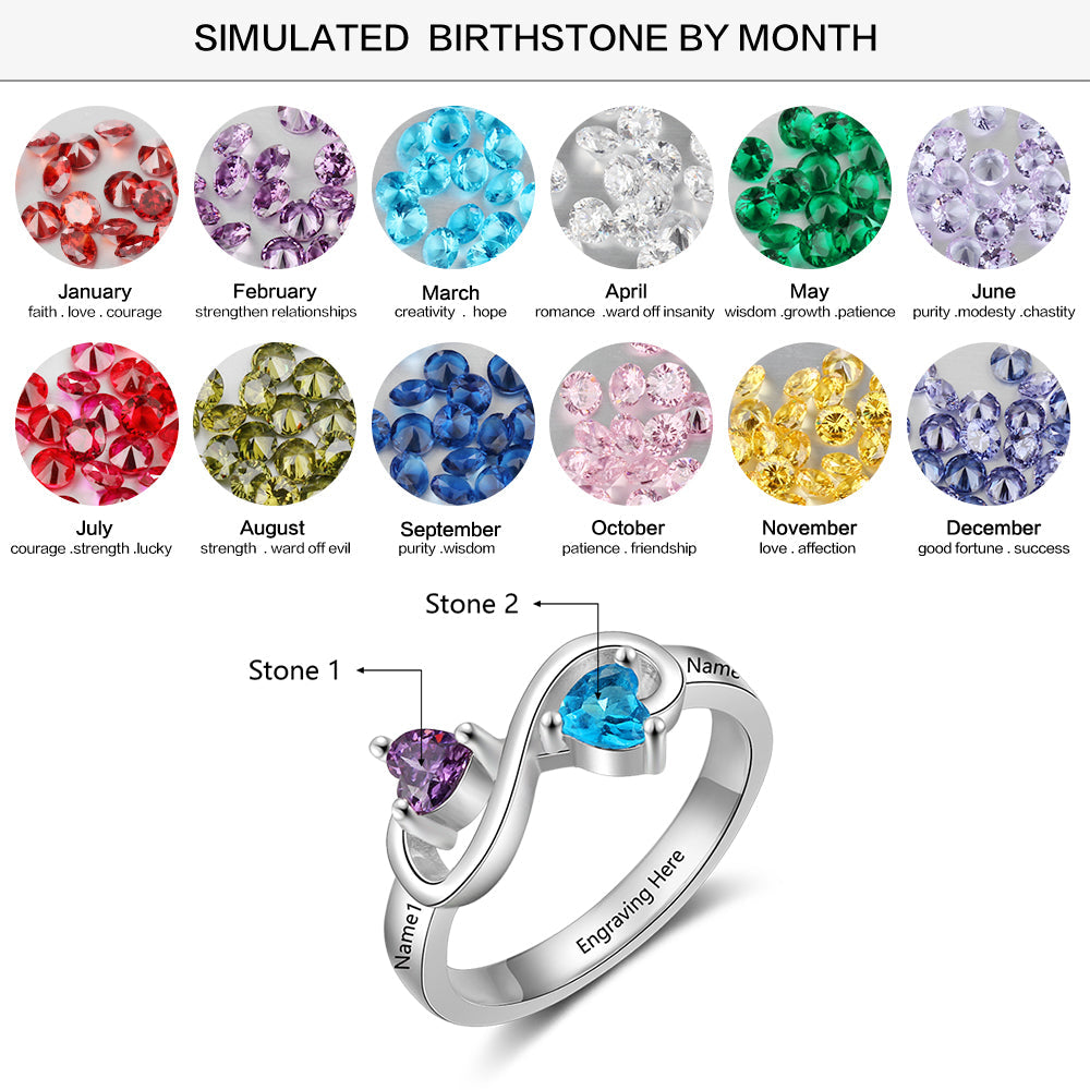 ThinkEngraved Peronalized Ring Personalized Mothers Infinity Ring 2 Heart Birthstones 2 Engraved Names