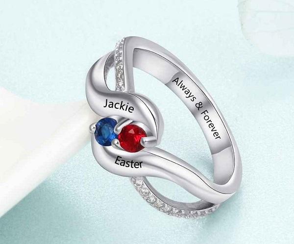 ThinkEngraved Peronalized Ring Personalized Mothers Ring 2 Birthstone Swept Hearts 2 Engraved Names