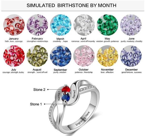 ThinkEngraved Peronalized Ring Personalized Mothers Ring 2 Birthstone Swept Hearts 2 Engraved Names