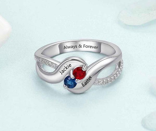 ThinkEngraved Peronalized Ring Personalized Mothers Ring 2 Birthstone Swept Hearts 2 Engraved Names