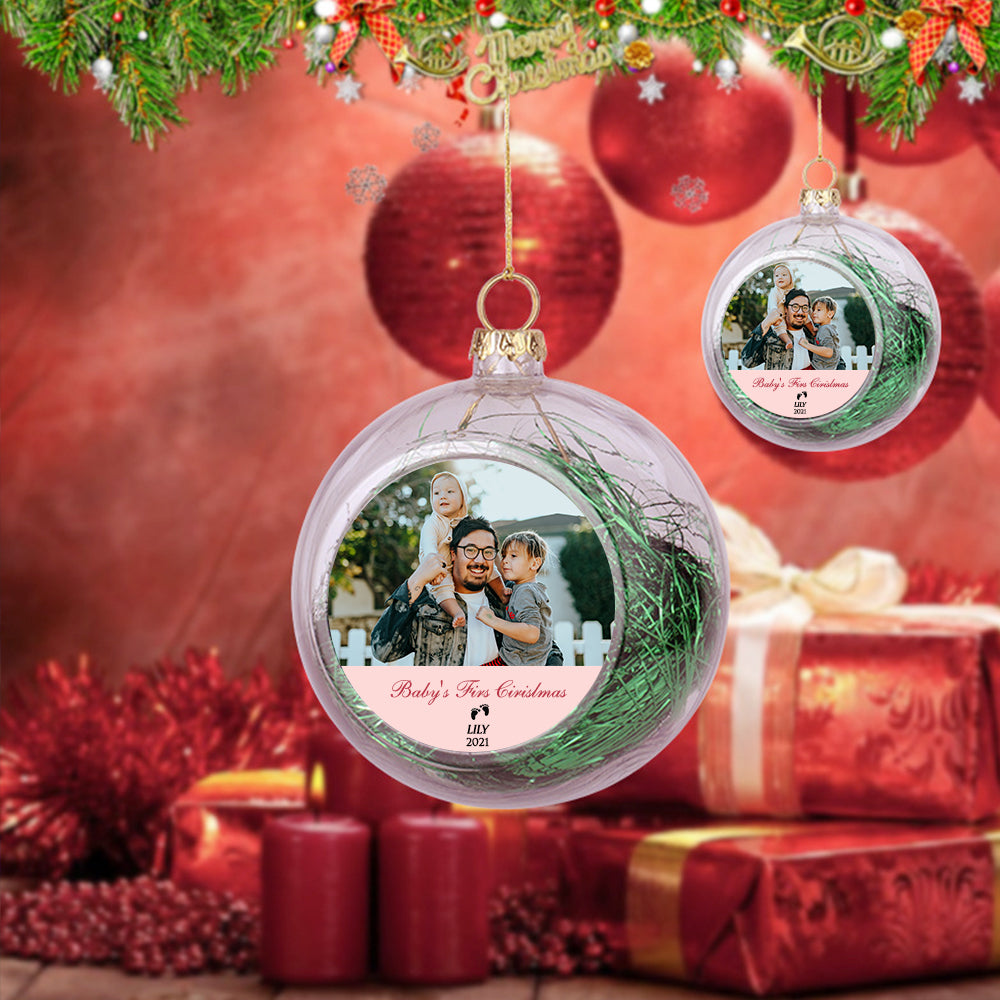ThinkEngraved Personalized Ornament Custom Photo Christmas Ornament Clear With Tinsel Baby's First Christmas