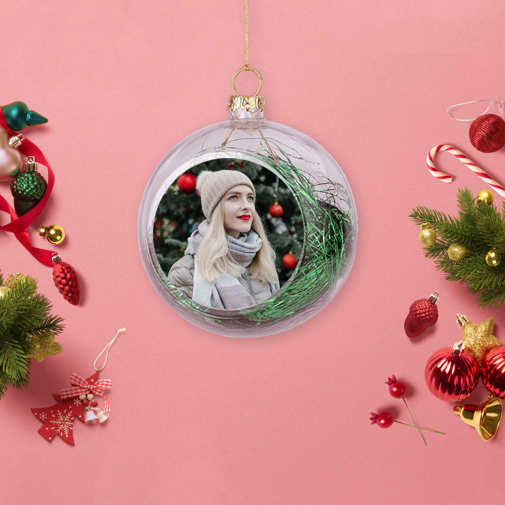 ThinkEngraved Personalized Ornament Green Tinsel Custom Photo Christmas Ornament Clear With Tinsel Red, Gold, Silver Green