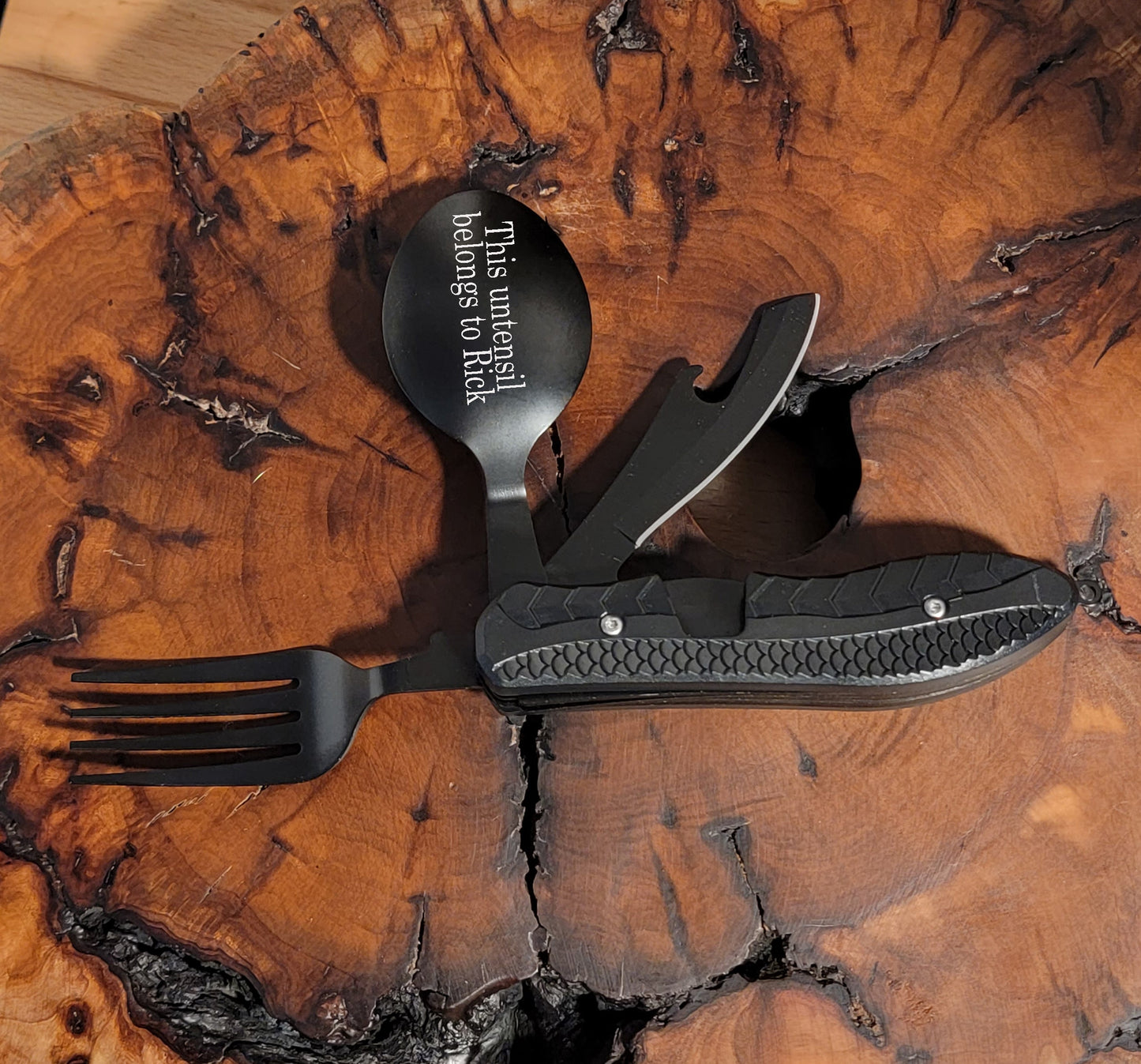 ThinkEngraved Personalized utensils Personalized Camping or Picnic Fork, Spoon, and Knife Folding Utensil Multi-Tool Black