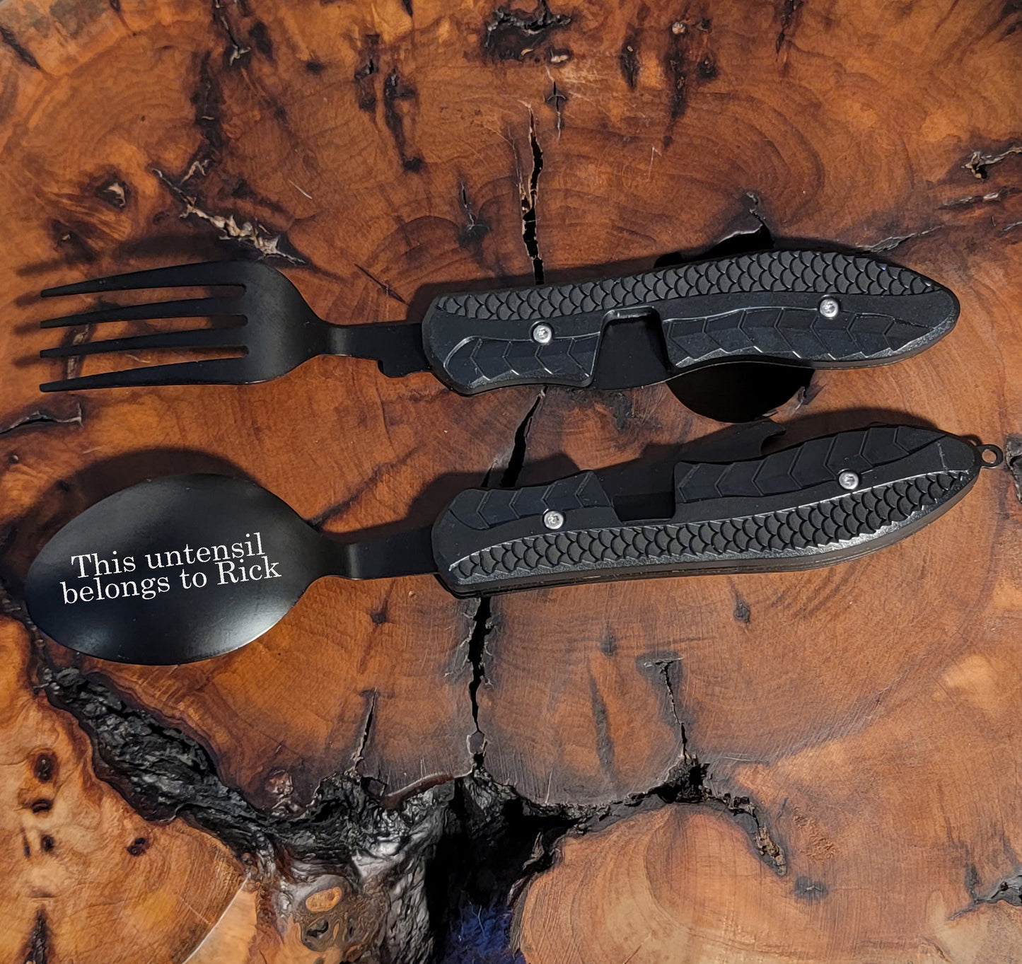 ThinkEngraved Personalized utensils Personalized Camping or Picnic Fork, Spoon, and Knife Folding Utensil Multi-Tool Black