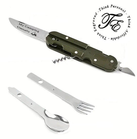 ThinkEngraved Personalized utensils Personalized Camping or Picnic Fork, Spoon, and Knife Folding Utensil Multi-Tool Green