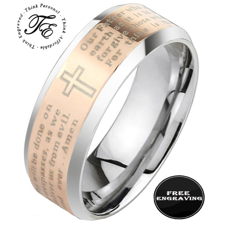 ThinkEngraved Prayer Ring 6mm size 5 Custom Engraved The Lord's Prayer Engraved Christian Cross Purity Ring