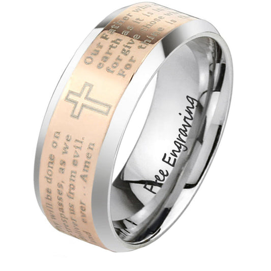 ThinkEngraved Prayer Ring 6mm size 5 Custom Engraved The Lord's Prayer Engraved Christian Cross Purity Ring