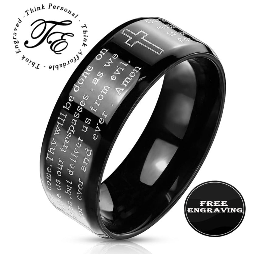 ThinkEngraved Prayer Ring 6mm size 5 Personalized Christian Cross and Engraved Lord's Prayer Ring Christian Ring