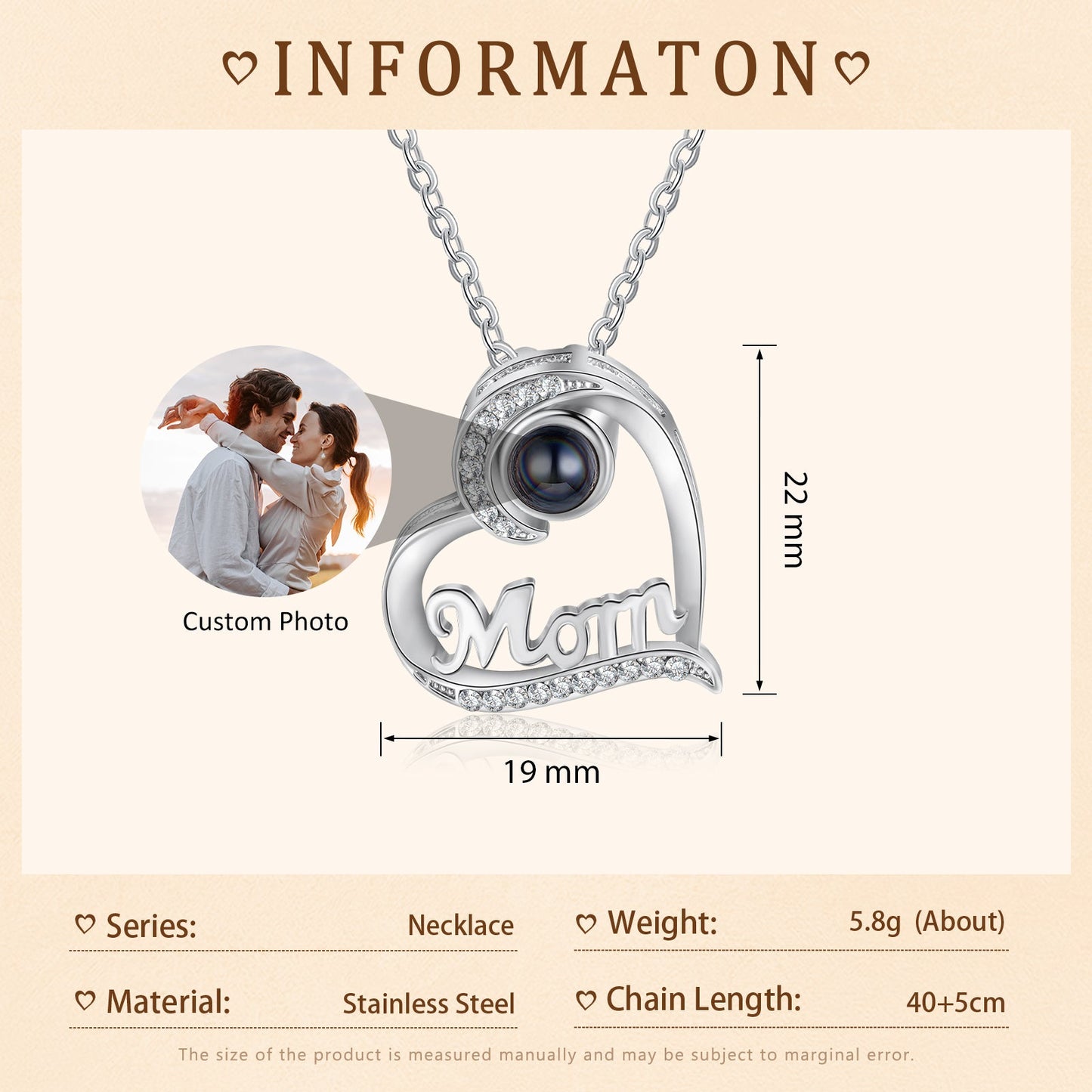 ThinkEngraved Projection necklace Custom Mom Heart Photo Projection Necklace - Color or Black and White