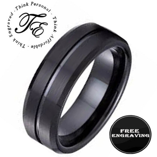 ThinkEngraved promise ring 6 Personalized Men's Matte Black Grooved Tungsten Promise Ring - Handwriting Ring