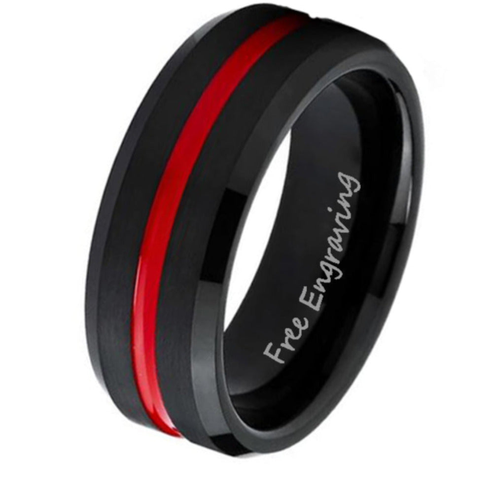 ThinkEngraved Promise Ring 6 Personalized Men's Promise Ring - Black With Red Line Groove Stainless Steel