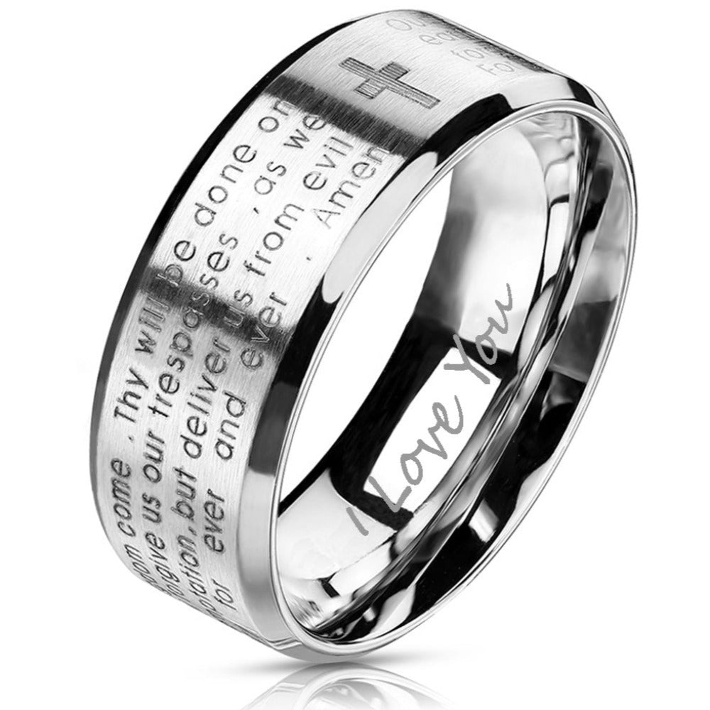 ThinkEngraved Promise Ring 6mm size 5 Personalized Men's Promise Ring - Lords Prayer Christian Cross Stainless Steel