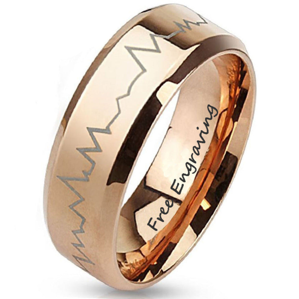 ThinkEngraved Promise Ring 6mm size 5 Personalized Men's Rose Gold Heart Beat Promise Ring - Engraved heart Beat Ring