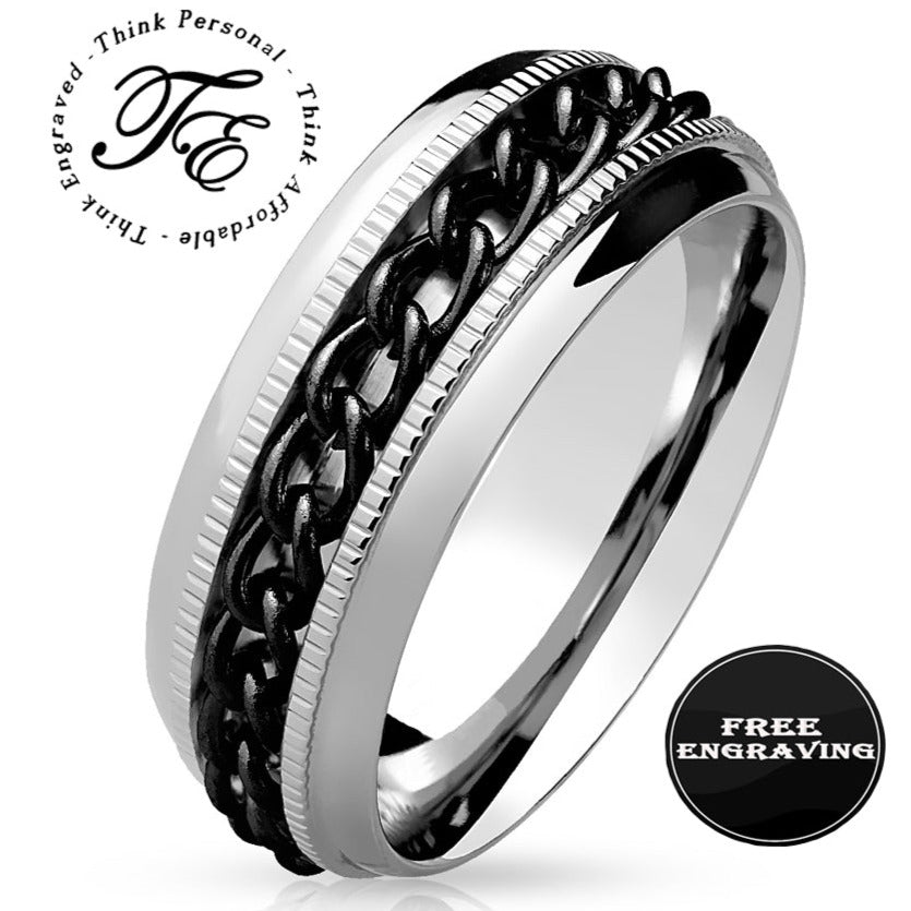 ThinkEngraved Promise Ring 7 Personalized Engraved Men's Black Chain Spinner Ring - Silver Fidget Spinner For Him
