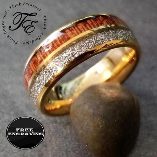 ThinkEngraved Promise Ring 9 Personalized Men's Gold Tungsten Promise Ring Wood and Meteor