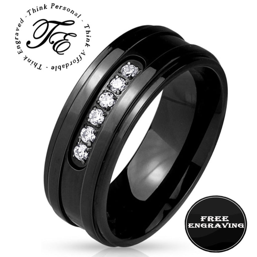 ThinkEngraved Promise Ring 9 Personalized Engraved Men's Promise Ring - Black With Clear Gems Stainless Steel