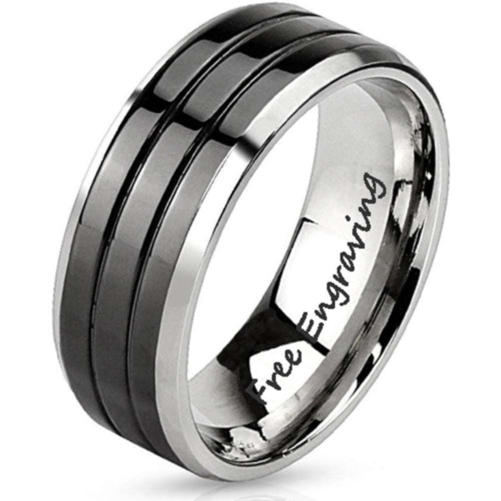 ThinkEngraved Promise Ring 9 Personalized Men's Promise Ring - Black and Silver Double Grooved Stainless Steel