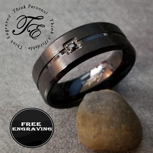 ThinkEngraved Promise Ring 9 Personalized Men's Promise Ring - Matte Black Gem Center Groove Stainless Steel