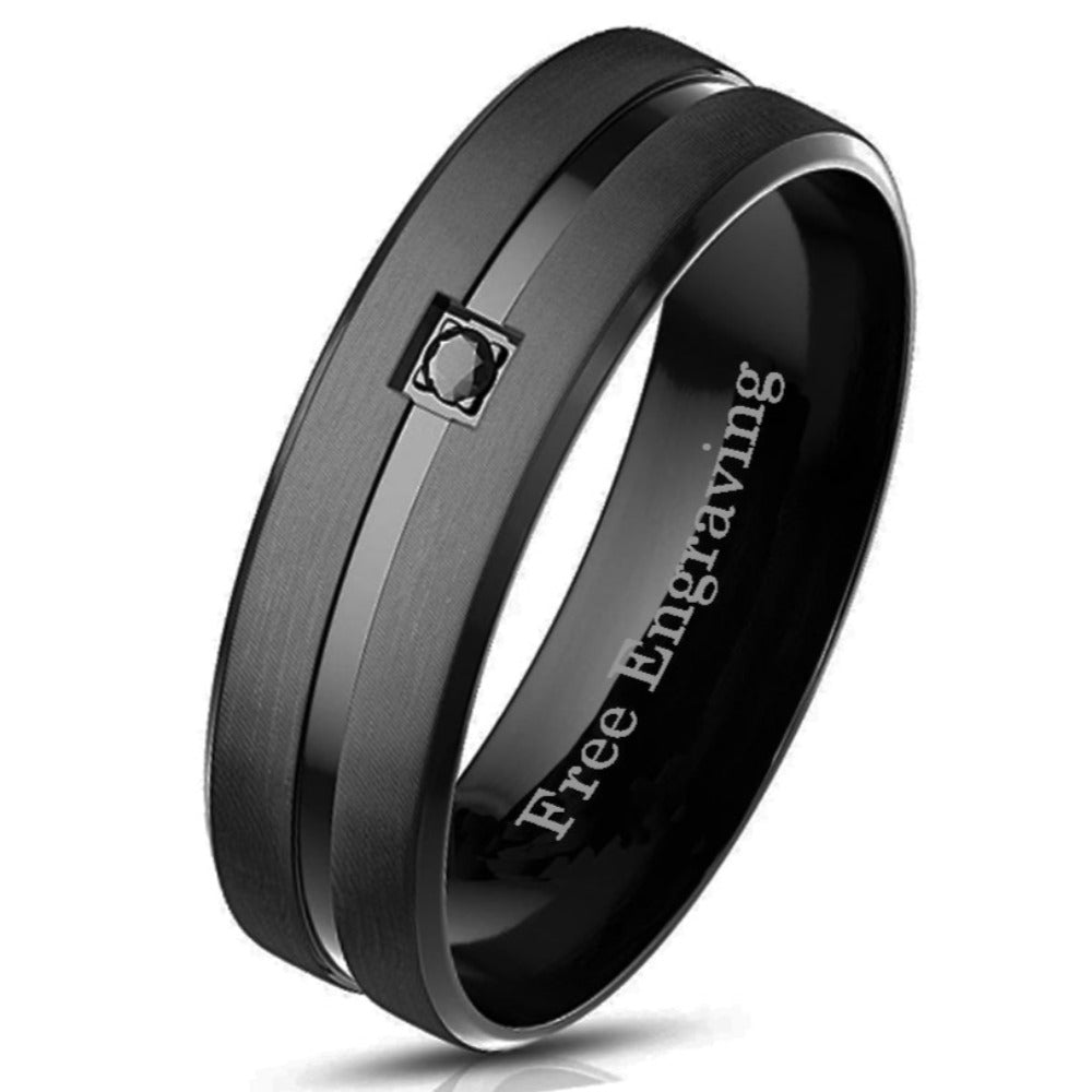 Personalized Men's Promise Ring Matte Black Gem Center Groove