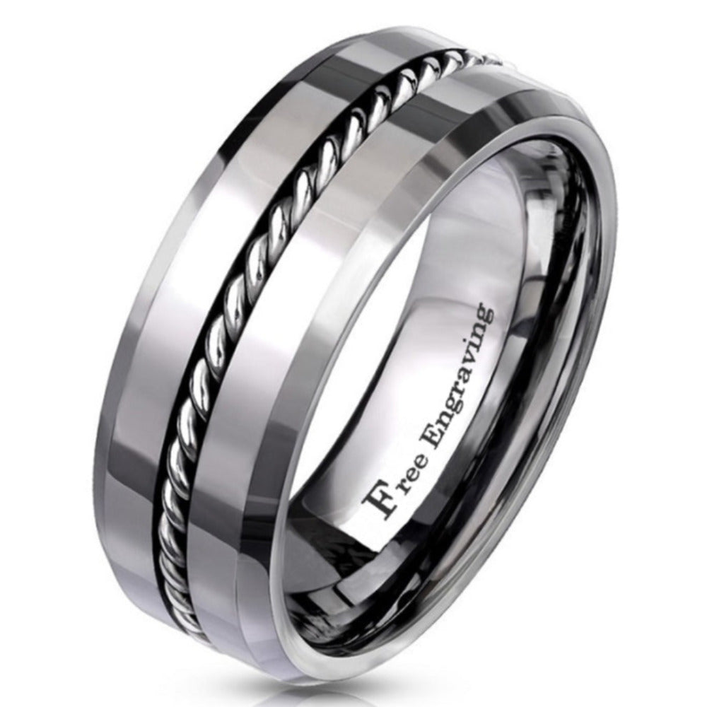 ThinkEngraved Promise Ring 9 Personalized Men's Silver Promise Ring - Beveled Wire Cable Inlay Real Tungsten