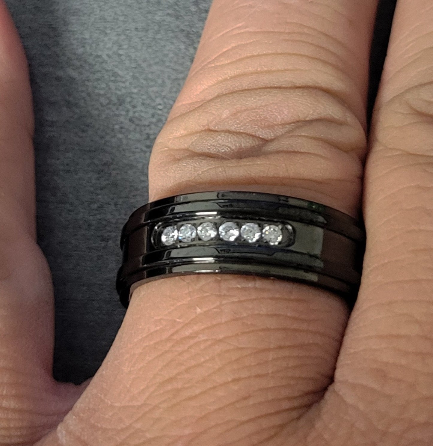 ThinkEngraved Promise Ring Personalized Engraved Men's Promise Ring - Black With Clear Gems Stainless Steel