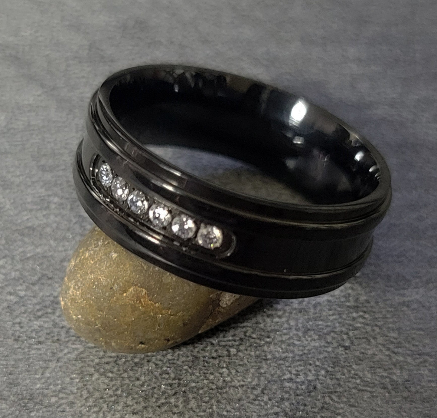 ThinkEngraved Promise Ring Personalized Engraved Men's Promise Ring - Black With Clear Gems Stainless Steel