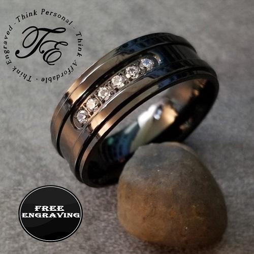 ThinkEngraved Promise Ring Personalized Engraved Men's Promise Ring - Black With Clear Gems Stainless Steel