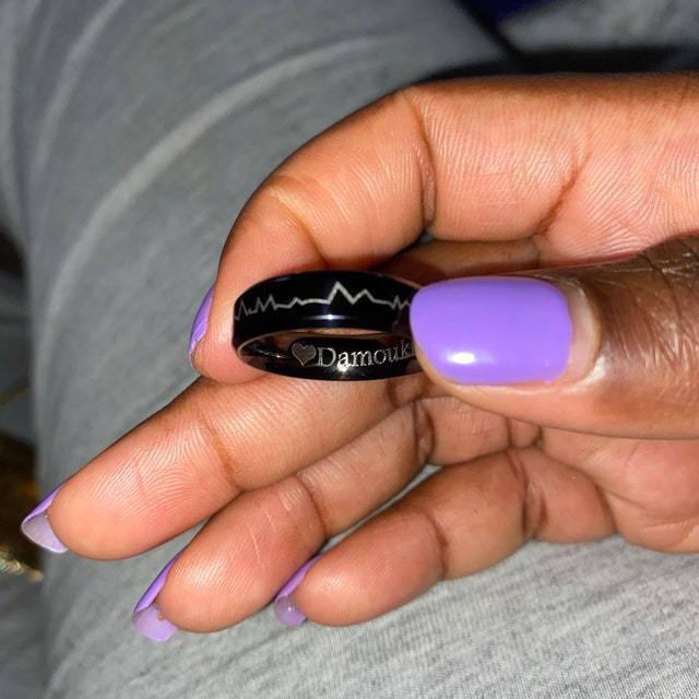 ThinkEngraved Promise Ring Personalized Men's Black Heartbeat Promise Ring - Engraved Handwriting Ring