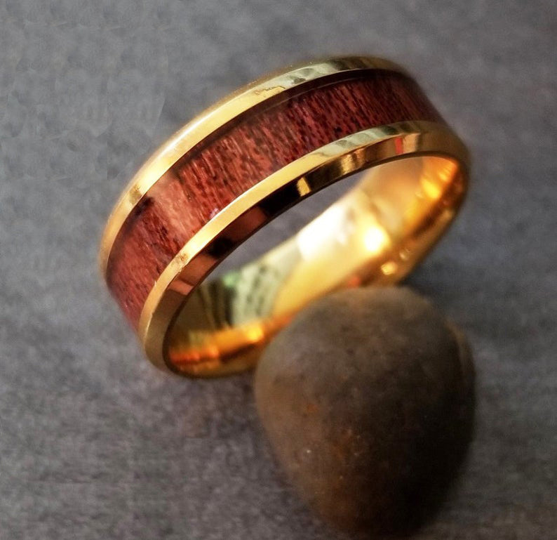 ThinkEngraved Promise Ring Personalized Men's Gold Promise Ring With Hardwood Wood Inlay