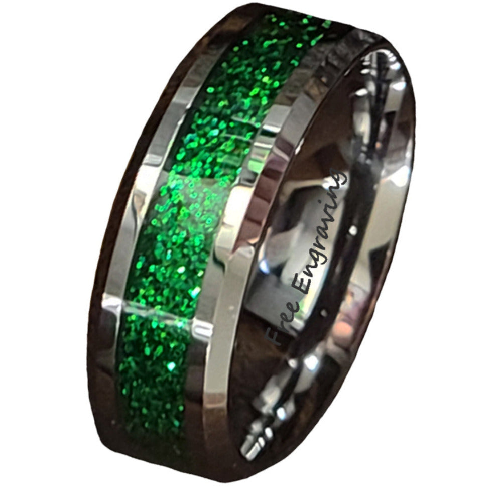 ThinkEngraved Promise Ring Personalized Men's Green Emerald Galaxy Tungsten Promise Ring or Wedding Ring