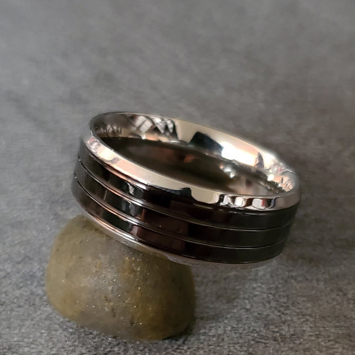 ThinkEngraved Promise Ring Personalized Men's Promise Ring - Black and Silver Double Grooved Stainless Steel