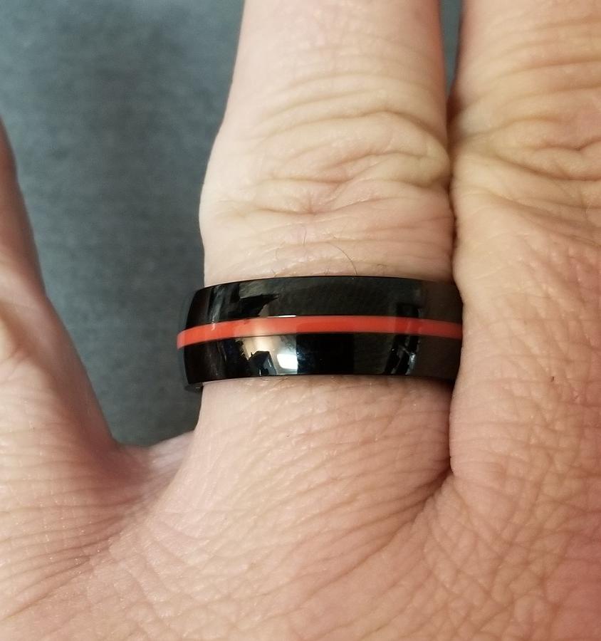 ThinkEngraved Promise Ring Personalized Men's Promise Ring - Black With Red Line Groove Stainless Steel