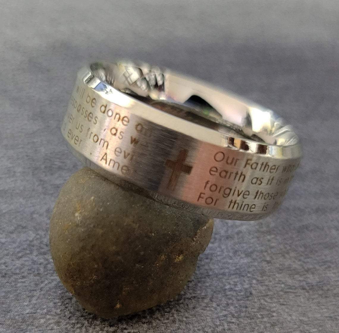 ThinkEngraved Promise Ring Personalized Men's Promise Ring - Lords Prayer Christian Cross Stainless Steel