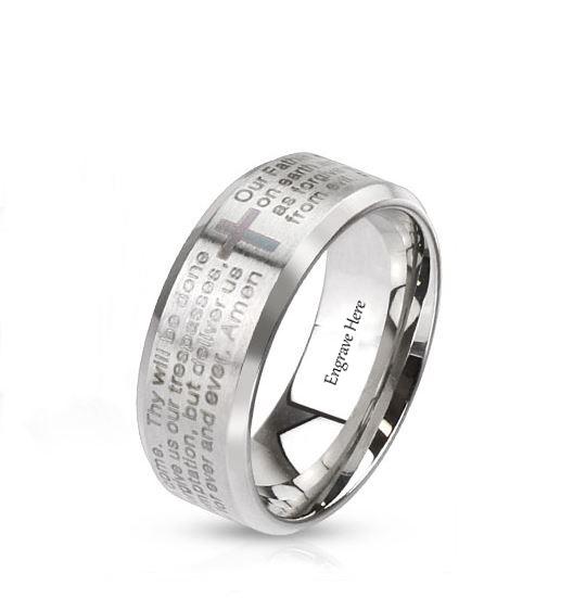 ThinkEngraved Promise Ring Personalized Men's Promise Ring - Lords Prayer Christian Cross Stainless Steel