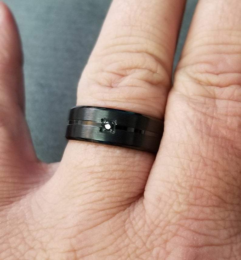 ThinkEngraved Promise Ring Personalized Men's Promise Ring - Matte Black Gem Center Groove Stainless Steel