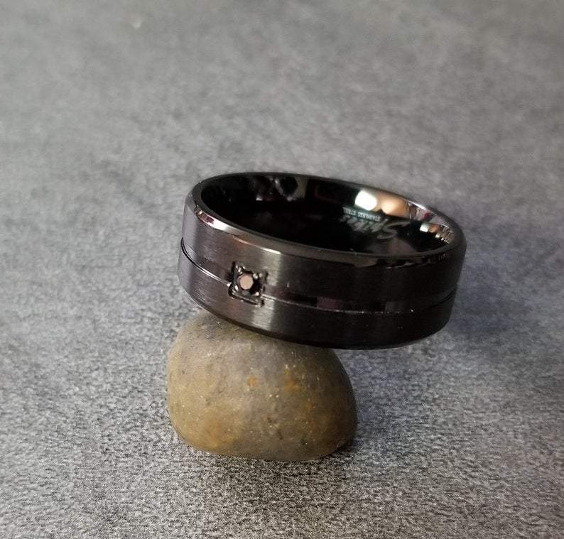 ThinkEngraved Promise Ring Personalized Men's Promise Ring - Matte Black Gem Center Groove Stainless Steel