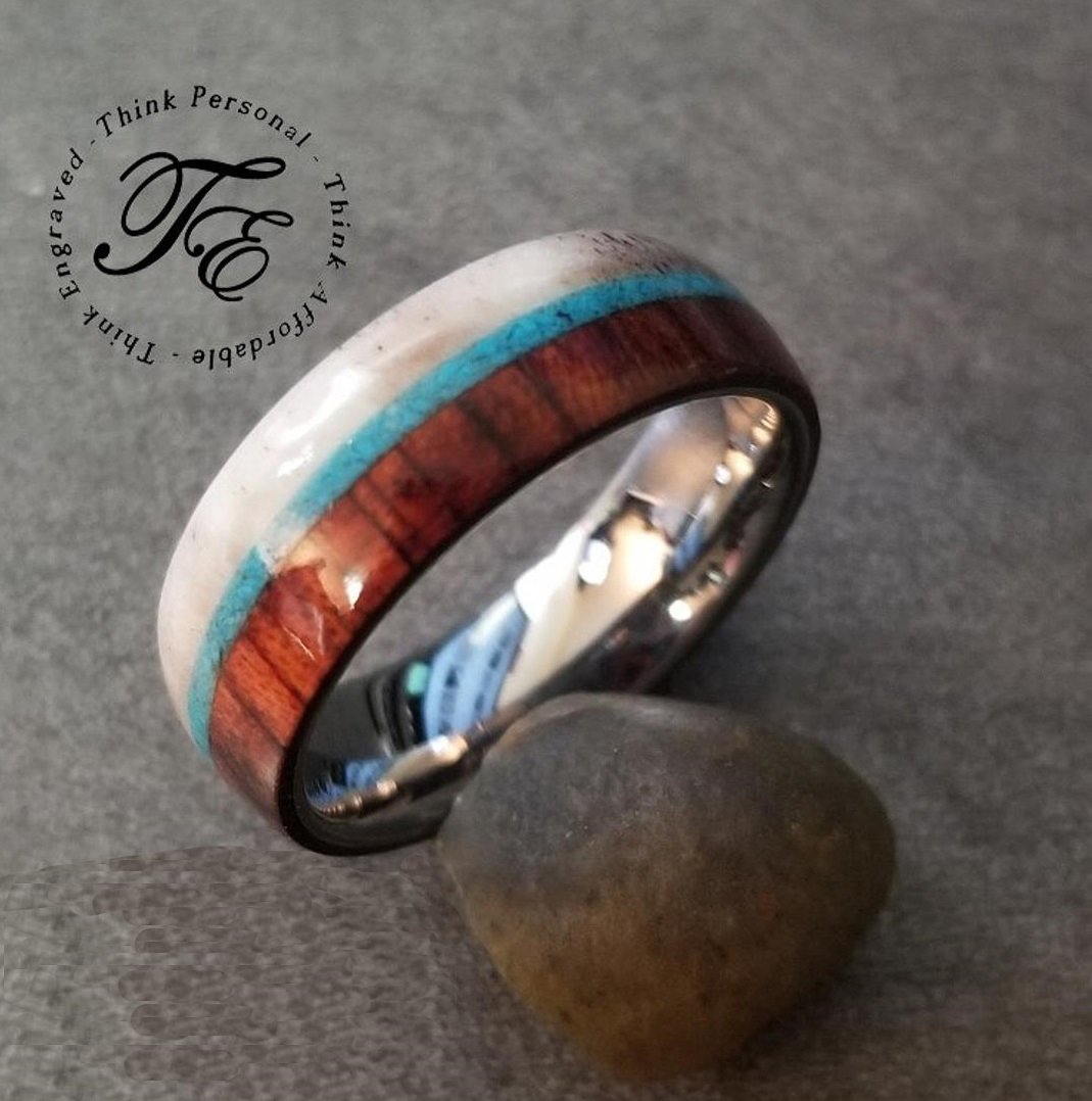 ThinkEngraved Promise Ring Personalized Men's Promise Ring - Turquoise, Antler and Wood Inlay Real Tungsten