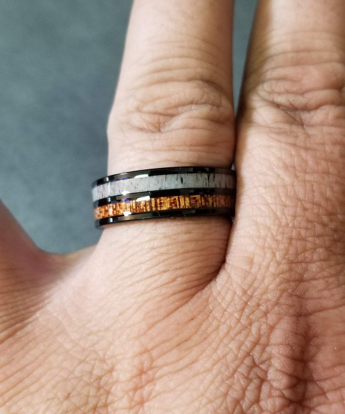 ThinkEngraved Promise Ring Personalized Men's Promise Ring - Wood and Deer Antler Inlay Real Tungsten