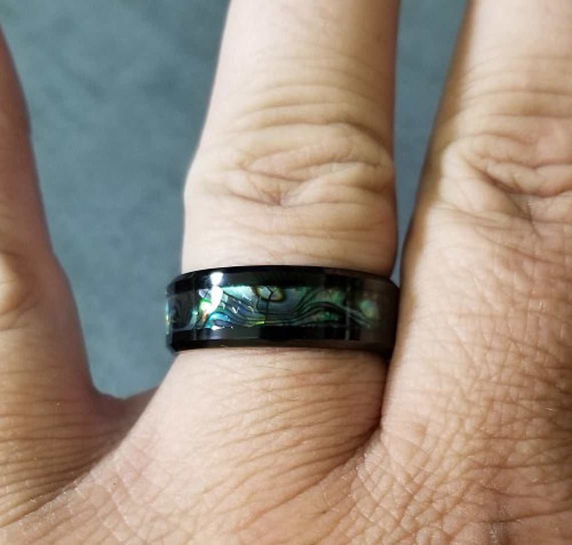 ThinkEngraved Promise Ring Personalized Men's Tungsten Abalone Promise Ring - Engraved Handwriting Ring
