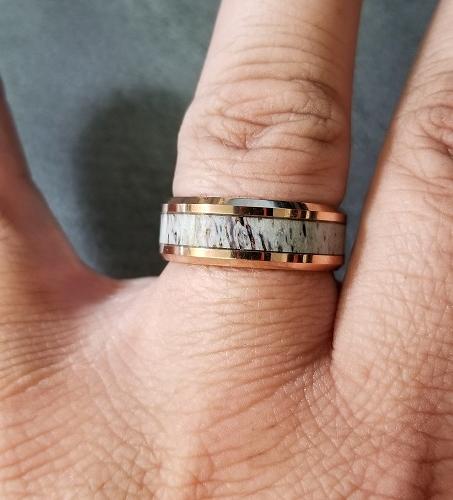 ThinkEngraved promise ring Personalized Men's Tungsten  Rose Gold Promise Ring Deer Antler Inlay