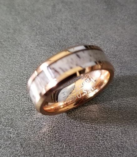 ThinkEngraved promise ring Personalized Men's Tungsten  Rose Gold Promise Ring Deer Antler Inlay