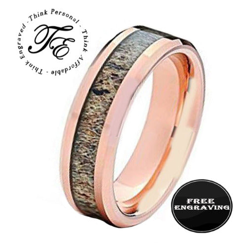 ThinkEngraved promise ring Personalized Men's Tungsten  Rose Gold Promise Ring Deer Antler Inlay